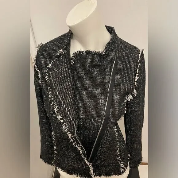 New Ann Taylor Black Tweed Fringe Asymmetrical Zip Moto Jacket Blazer - Picture 6 of 9